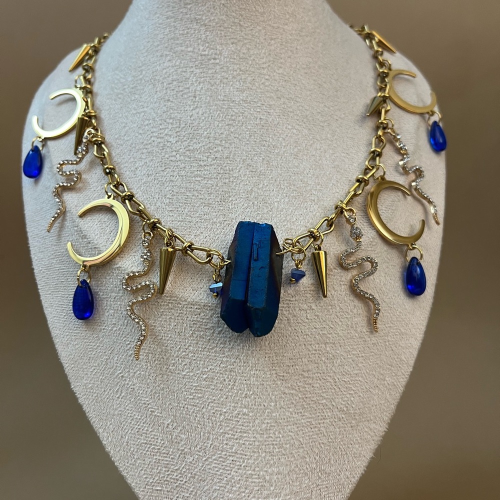 Handmade Snake & Moon Necklace - Royal Blue Crystal, Witchy Chic